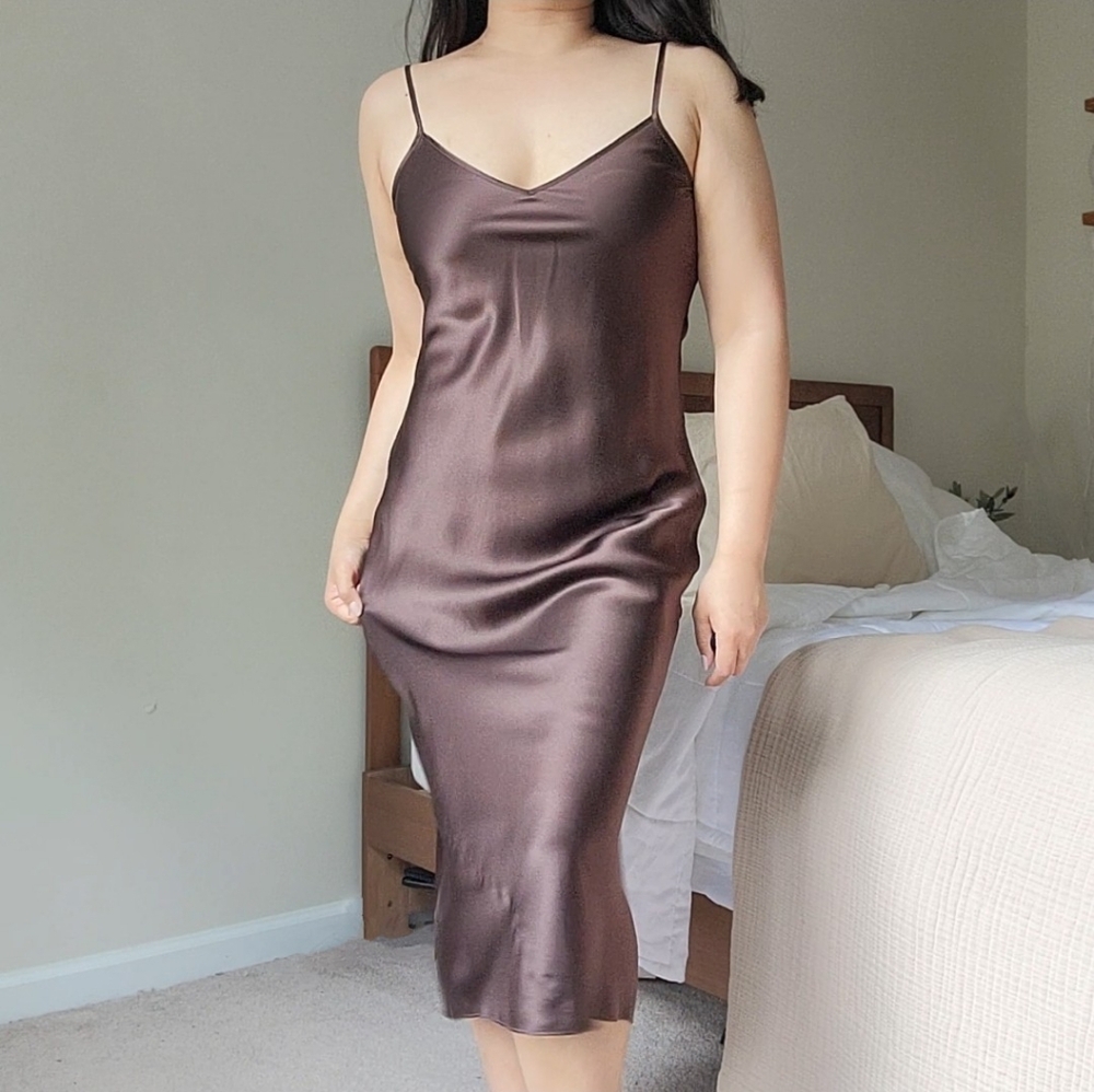 Quince Satin Slip Midi Dress in Chocolate Brown